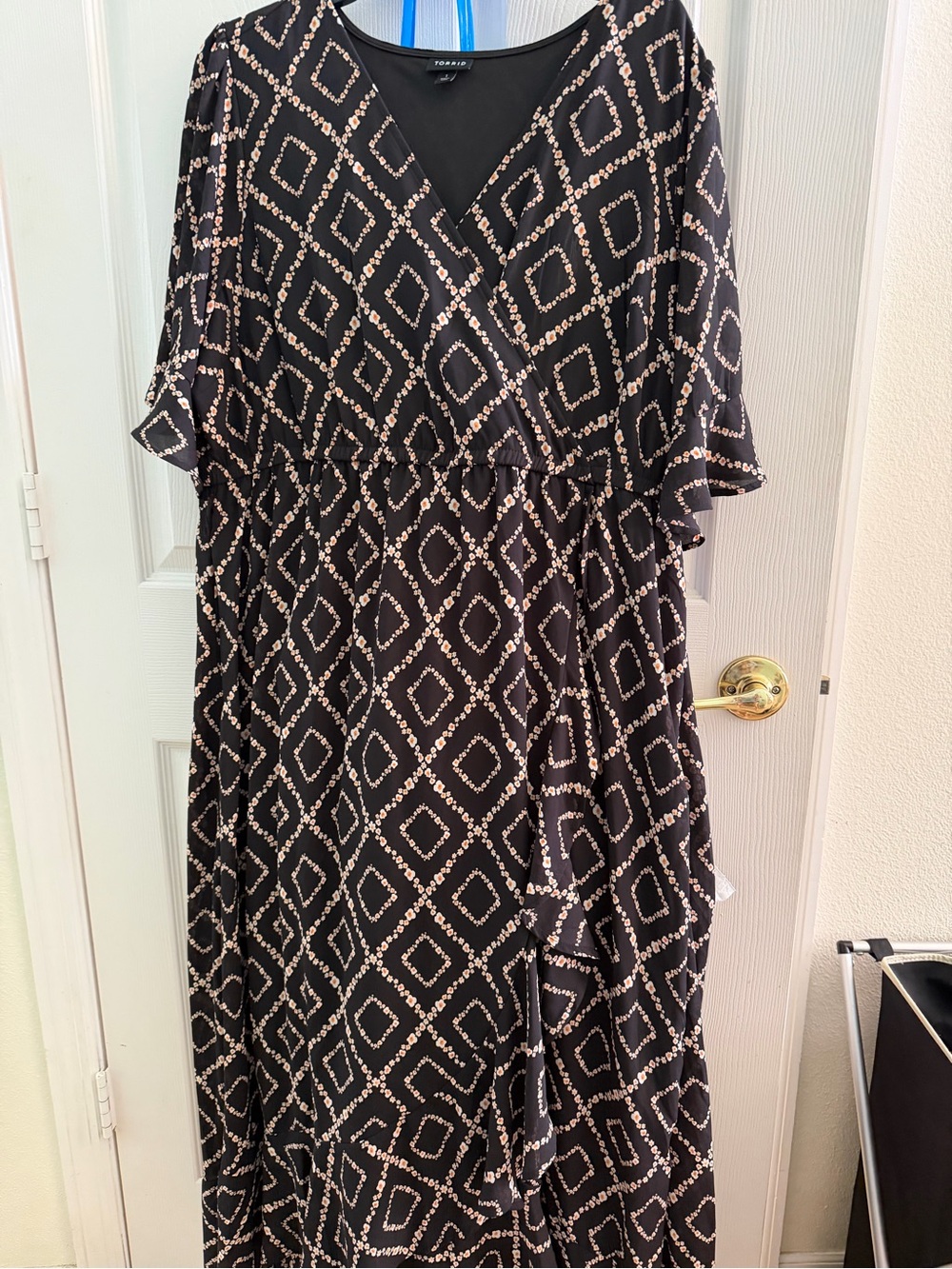 Torrid Black and Cream Diamond-Print Wrap Maxi Dress